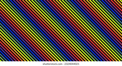 Diagonal stripes seamless pattern. Retro fashion style background. Repeat bright colorful neon lines texture. Sport style. Abstract vector geometric decorative design. Trendy rainbow gradient effect