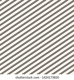 Diagonal stripes seamless pattern. Simple black and white slanted lines texture. Modern vector abstract geometric striped background. Thin parallel inclined strips. Repeated design for print, decor