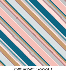 Diagonal stripes seamless pattern. Simple vector texture with thin and thick oblique lines. Modern abstract geometric striped background. Stylish design in pastel colors, pink, gray, gold, teal, blue