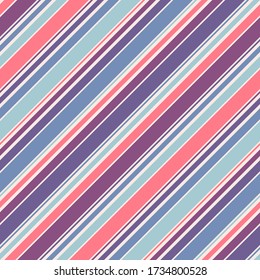 Diagonal stripes seamless pattern. Simple vector texture with thin oblique lines. Modern abstract geometric striped background. Stylish ornament in bright colors, blue, pink, purple. Repeated design