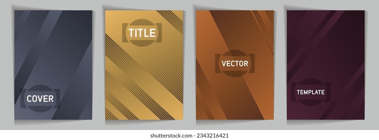 Diagonal stripes texture metallic gradient vector cover page templates. Title place. Cover page template design set. Lines and stripes background patterns. Elegant digital cards.