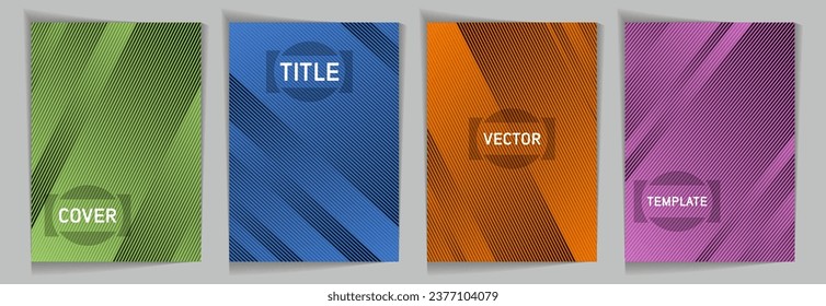 Diagonal stripes texture metallic gradient vector cover page templates. Place for text. Cover page template design set. Metallic gradient background patterns. Rectangle folded sheets.