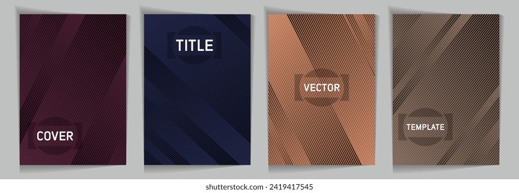 Diagonal stripes texture metallic gradient vector cover page templates. Title frame. Cover page layout design collection. Metallic gradient background patterns. Modern style geometric banners.