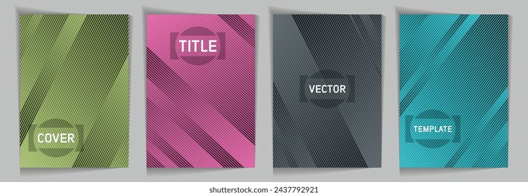 Diagonal stripes texture metallic gradient vector cover page templates. Title frame. Cover page layout design collection. Lines and stripes background patterns. Geometry stripes surface backgrounds