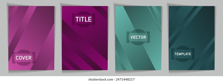 Plantillas de portada de Vector degradado metálico con textura de franjas diagonales. Marco de título. Colección de diseño de portada. Patrones de fondo de degradado metálico. Diseño gráfico de negocios.
