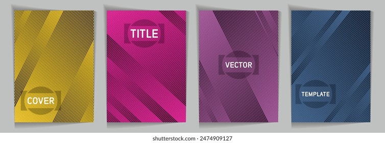 Diagonal stripes texture metallic gradient vector cover page templates. Title place. Cover page template design set. Lines and stripes background patterns. Technology concept design.