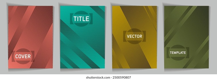 Diagonal stripes texture metallic gradient vector cover page templates. Place for text. Cover page layout design collection. Metallic gradient background patterns. Elegant digital cards.