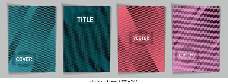 Diagonal stripes texture metallic gradient vector cover page templates. Title place. Cover page template design set. Lines and stripes background patterns. Business graphic design.