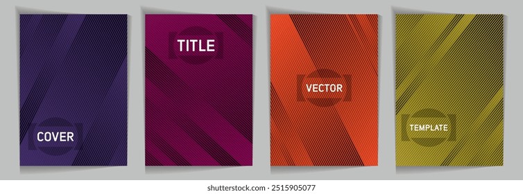 Diagonal stripes texture metallic gradient vector cover page templates. Frame for text. Cover page template design set. Metallic gradient background patterns. Presentation backdrops.