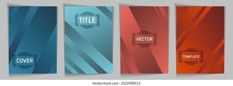 Diagonal stripes texture metallic gradient vector cover page templates. Place for text. Cover page layout design collection. Lines and stripes background patterns. Geometry stripes surface backgrounds