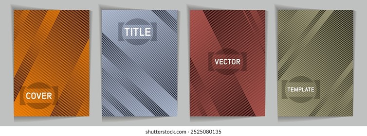 Diagonal stripes texture metallic gradient vector cover page templates. Title place. Cover page layout design collection. Lines and stripes background patterns. Gaming minimalist dynamic  grids.