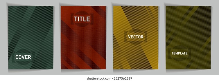 Diagonal stripes texture metallic gradient vector cover page templates. Title frame. Cover page template design set. Lines and stripes background patterns. Modern style geometric banners.