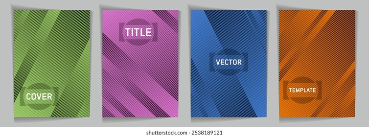 Diagonal stripes texture metallic gradient vector cover page templates. Title frame. Cover page layout design collection. Metallic gradient background patterns. Modern style geometric banners.