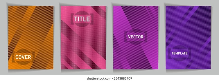 Diagonal stripes texture metallic gradient vector cover page templates. Title frame. Cover page layout design collection. Metallic gradient background patterns. Business graphic design.