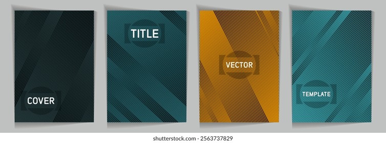 Diagonal stripes texture metallic gradient vector cover page templates. Title frame. Cover page template design set. Lines and stripes background patterns. Elegant digital cards.