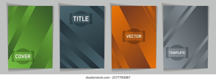 Diagonal stripes texture metallic gradient vector cover page templates. Title frame. Cover page layout design collection. Metallic gradient background patterns. Gaming minimalist dynamic  grids.