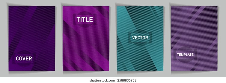 Diagonal stripes texture metallic gradient vector cover page templates. Title frame. Cover page layout design collection. Lines and stripes background patterns. Business graphic design.