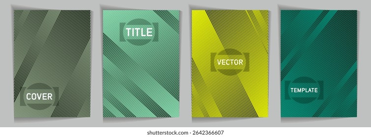Diagonal stripes texture metallic gradient vector cover page templates. Frame for text. Cover page layout design collection. Metallic gradient background patterns. Premium blank poster backgrounds.