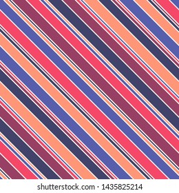 Diagonal stripes vector seamless pattern. Modern multicolor texture, orange, red, maroon, blue and navy colors. Abstract striped background with thin parallel lines. Elegant repeat decorative design