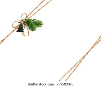 Diagonal strips of linen cords for Christmas decorations, cards, packaging, background. Decoration or bouquet of composition the Christmas tree branches and toy on top. Realistic vector. Eps10.