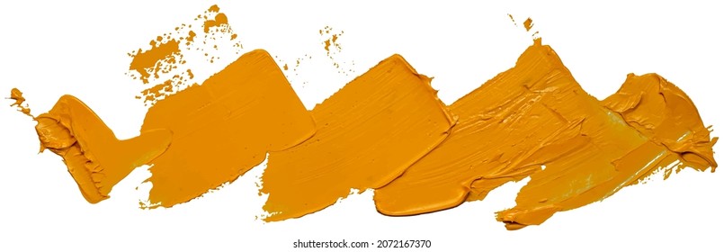 Diagonal strokes of yellow brush oil paint forming rectangular area for the inscription. Abstract varnish splash trace shape. Glossy oil paint smear on white background. EPS10 vector illustration.