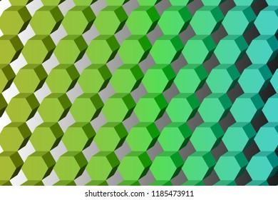 Diagonal symmetrical pattern of hexagons in shades of green, simulated 3D 