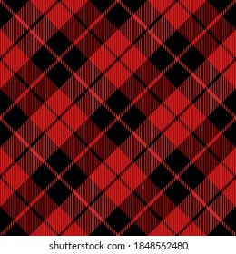 Diagonal tartan Christmas and new year plaid. Scottish pattern in red and black cage. Scottish cage. Traditional Scottish checkered background. Seamless fabric texture. Vector illustration