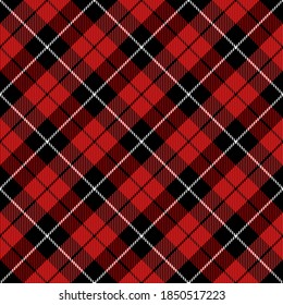 Diagonal tartan Christmas and new year plaid. Scottish pattern in red and black cage. Scottish cage. Traditional Scottish checkered background. Seamless fabric texture. Vector illustration
