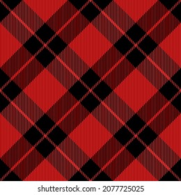 Diagonal tartan Christmas and new year plaid. Scottish pattern in red and black cage. Scottish cage. Traditional Scottish checkered background. Seamless fabric texture. Vector illustration