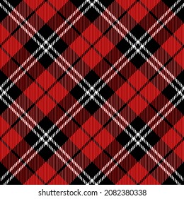 Diagonal tartan Christmas and new year plaid. Scottish pattern in red, black and white cage. Scottish cage. Traditional Scottish checkered background. Seamless fabric texture. Vector illustration