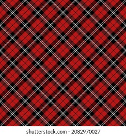 Diagonal tartan Christmas and new year plaid. Scottish pattern in red, black and white cage. Scottish cage. Traditional Scottish checkered background. Seamless fabric texture. Vector illustration