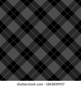 Diagonal tartan Halloween plaid. Scottish pattern in gray and black cage. Scottish cage. Traditional Scottish checkered background. Seamless fabric texture. Vector illustration