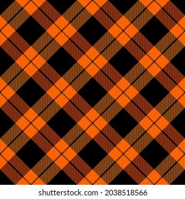 Diagonal tartan Halloween plaid. Scottish pattern in orange and black cage. Scottish cage. Traditional Scottish checkered background. Seamless fabric texture. Vector illustration