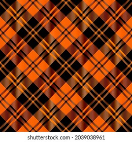 Diagonal tartan Halloween plaid. Scottish pattern in orange and black cage. Scottish cage. Traditional Scottish checkered background. Seamless fabric texture. Vector illustration