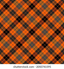 Diagonal tartan Halloween plaid. Scottish pattern in orange and black cage. Scottish cage. Traditional Scottish checkered background. Seamless fabric texture. Vector illustration