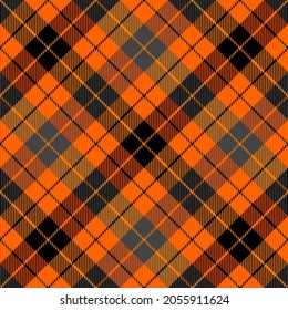 Diagonal tartan Halloween plaid. Scottish pattern in orange and black cage. Scottish cage. Traditional Scottish checkered background. Seamless fabric texture. Vector illustration