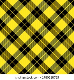 Diagonal tartan Lumberjack plaid. Scottish pattern in yellow and black cage. Scottish cage. Traditional Scottish checkered background. Seamless fabric texture. Vector illustration