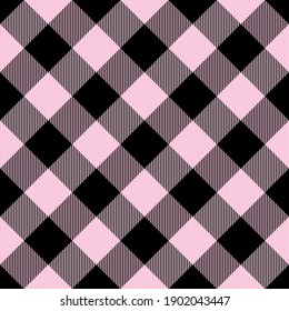 Diagonal tartan Valentines day plaid. Scottish pattern in pink and black cage. Scottish cage. Traditional Scottish checkered background. Seamless fabric texture. Vector illustration