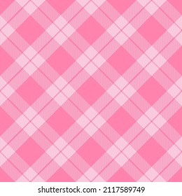 Diagonal tartan Valentines day plaid. Scottish pattern in pink and white cage. Scottish cage. Traditional Scottish checkered background. Seamless fabric texture. Vector illustration