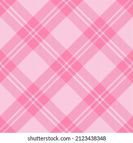 Diagonal tartan Valentines day plaid. Scottish pattern in pink and white cage. Scottish cage. Traditional Scottish checkered background. Seamless fabric texture. Vector illustration