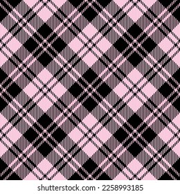 Diagonal tartan Valentines day plaid. Scottish pattern in pink and black cage. Scottish cage. Traditional Scottish checkered background. Seamless fabric texture. Vector illustration