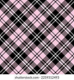 Diagonal tartan Valentines day plaid. Scottish pattern in red, pink and black cage. Scottish cage. Traditional Scottish checkered background. Seamless fabric texture. Vector illustration