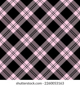 Diagonal tartan Valentines day plaid. Scottish pattern in pink and black cage. Scottish cage. Traditional Scottish checkered background. Seamless fabric texture. Vector illustration