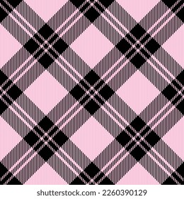 Diagonal tartan Valentines day plaid. Scottish pattern in pink and black cage. Scottish cage. Traditional Scottish checkered background. Seamless fabric texture. Vector illustration