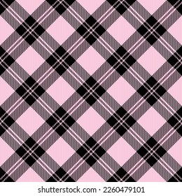 Diagonal tartan Valentines day plaid. Scottish pattern in pink and black cage. Scottish cage. Traditional Scottish checkered background. Seamless fabric texture. Vector illustration