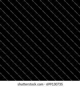 Diagonal thin dashed white lines abstract on black background. Seamless surface pattern with linear ornament. Angled broken strokes motif. Slanted pinstripes. Striped digital paper for print. Dashes.