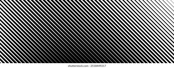 Diagonal thin line halftone gradation texture. Fade oblique stripe gradient background. Black slanted pattern backdrop. Vanishing parallel stripe wallpaper for overlay, print, cover. Vector