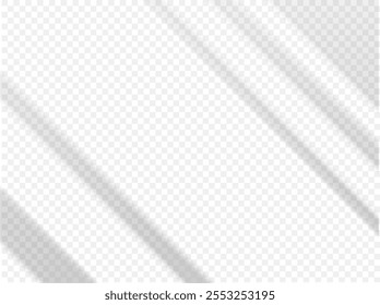 Sombras delgadas diagonales sobre un fondo transparente. El efecto de la luz solar suave que fluye a través de persianas o cortinas. Luz natural en la habitación. Plantilla. Maqueta. Realista. Ilustración vectorial.