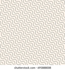 Diagonal thin wavy lines vector seamless pattern. Subtle beige background, simple geometric repeat texture, pastel colors. Fine slanted waves. Design for decor, prints, textile, fabric, digital, web