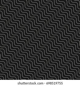Diagonal thin wavy lines vector seamless pattern. Subtle black monochrome background, simple geometric repeat texture. Delicate slanted waves. Design for decor, prints, textile, fabric, digital, web 